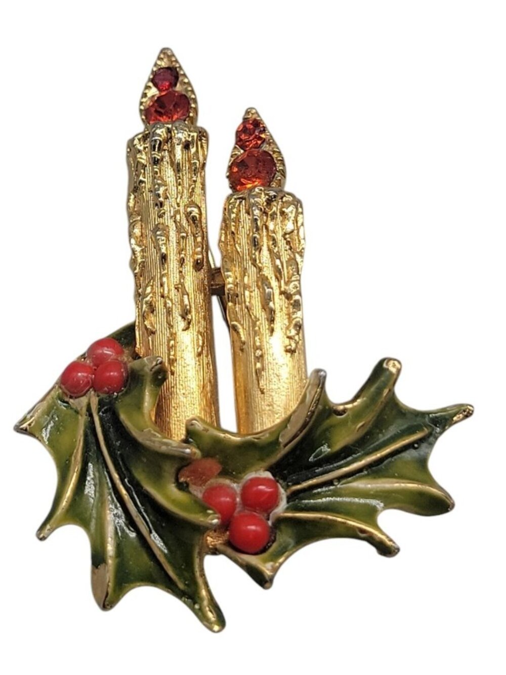 Art Christmas Brooch Gold Plated Holiday Candles Rhinestone Fire Enamel Vintage